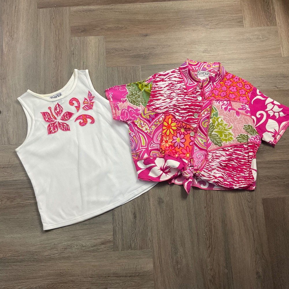 Vintage Surya Shirt Tank Top Set Womens Large Pink Patchwork Tie Front Sequin